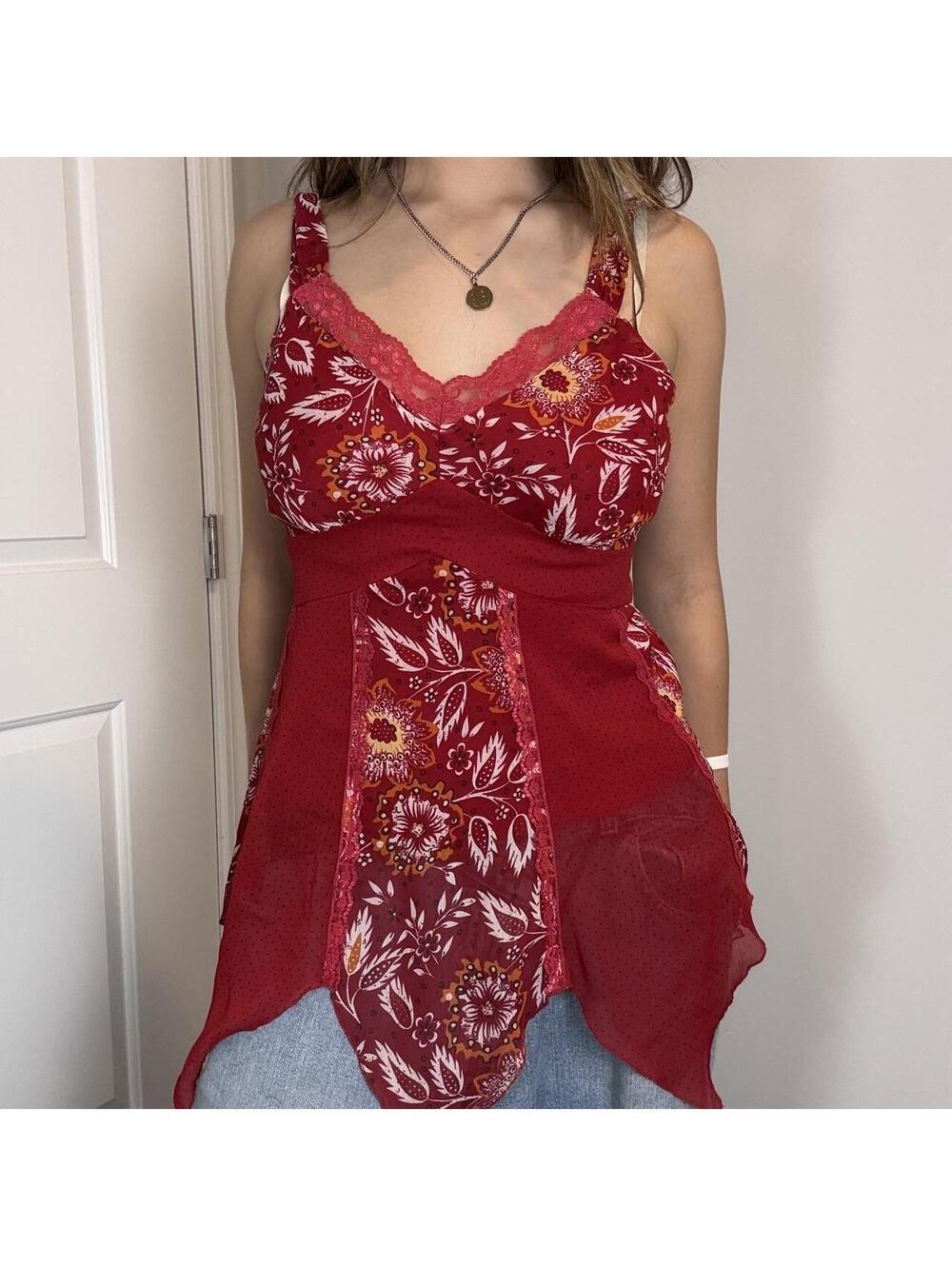 Red fairy babydoll top with back tie floral/polka dot lace large by Separates